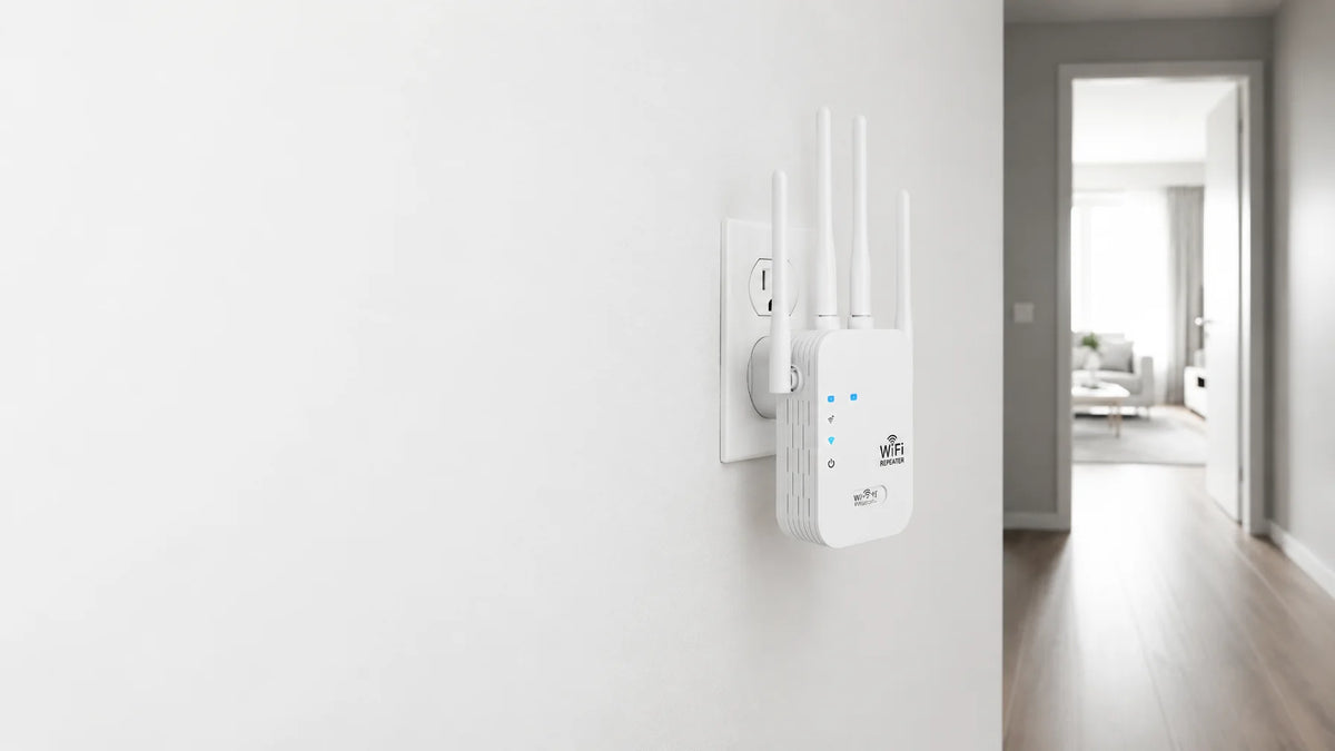 Source-bound contextual tech hero, 16:9. The exact referenced Dual Band Wi-Fi repeater is plugged in