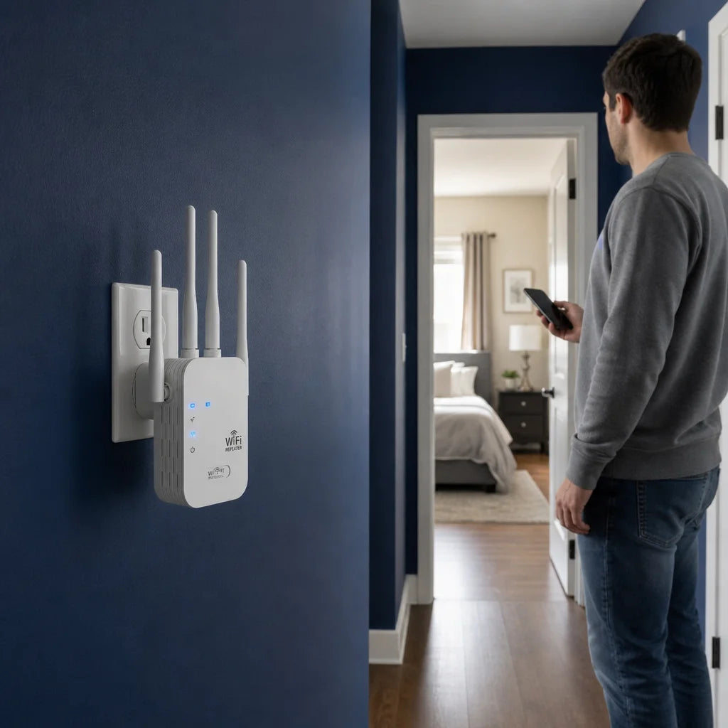 Documentary home-usage photograph, square. In a real deep-blue #123B66 hallway, the exact Dual Band
