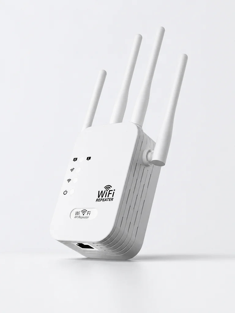 Studio product portrait, 3:4 portrait. The exact Dual Band Wi-Fi repeater stands alone and fully vis