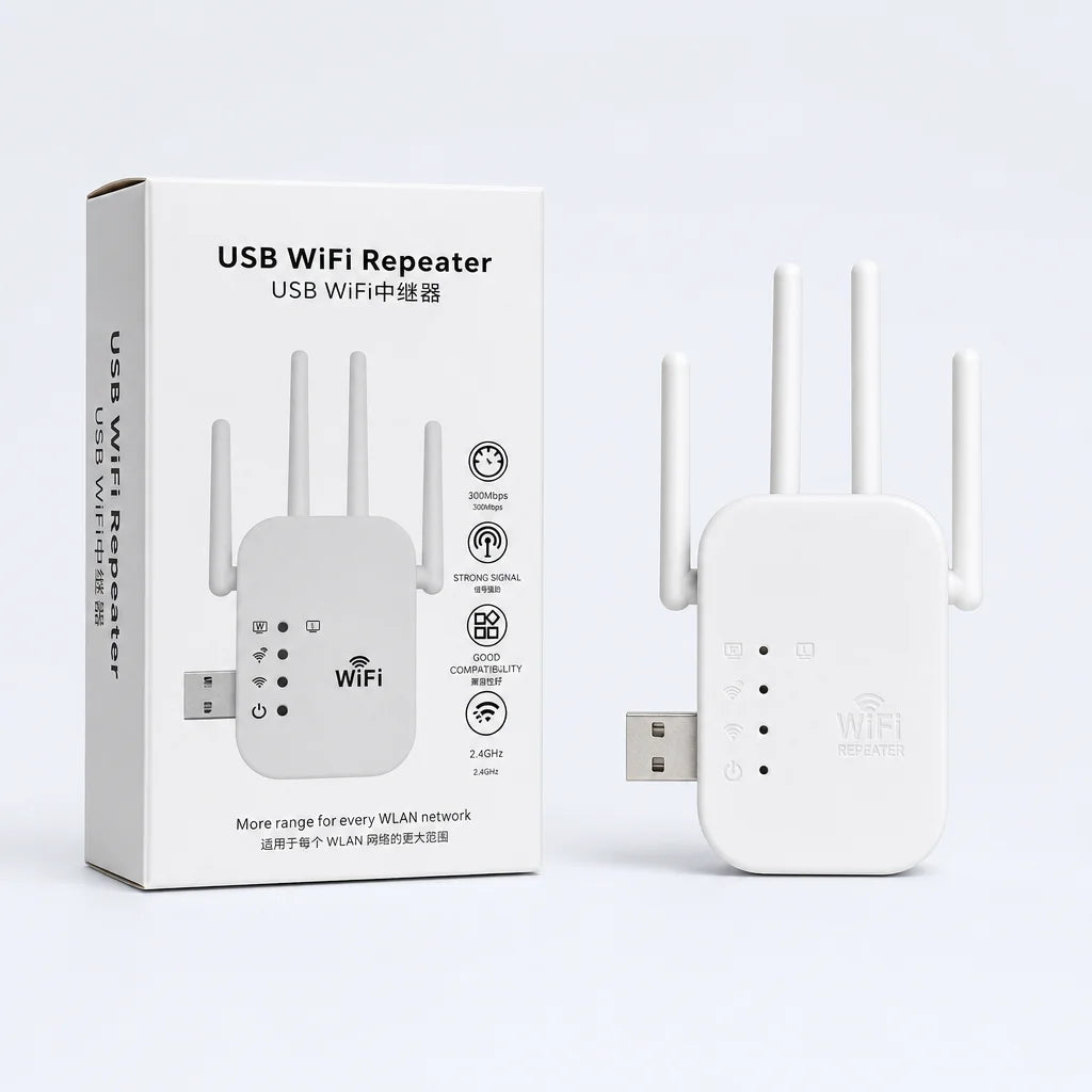 Editorial product-and-packaging photograph, square. Show the exact sourced Dual Band Wi-Fi repeater