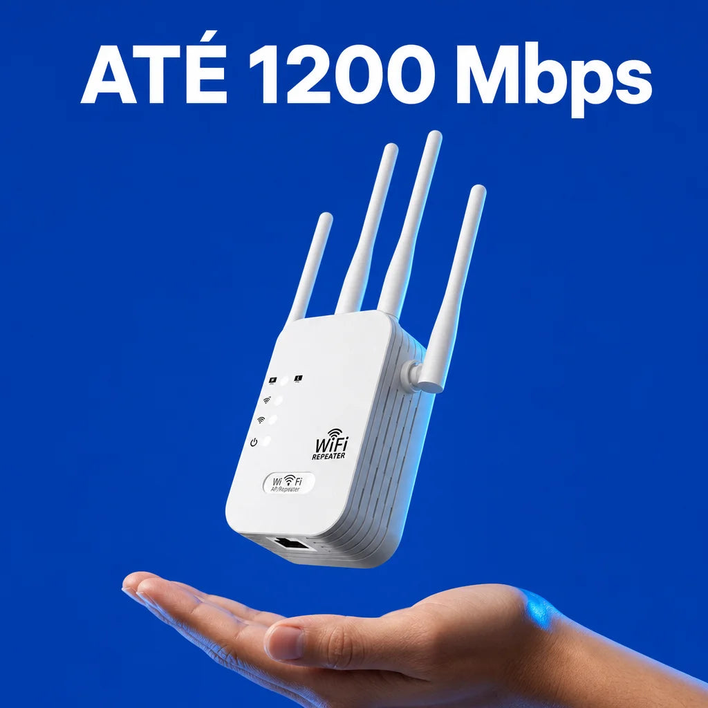 Bold single-claim product poster, square. The exact Dual Band Wi-Fi repeater is the hero, levitating