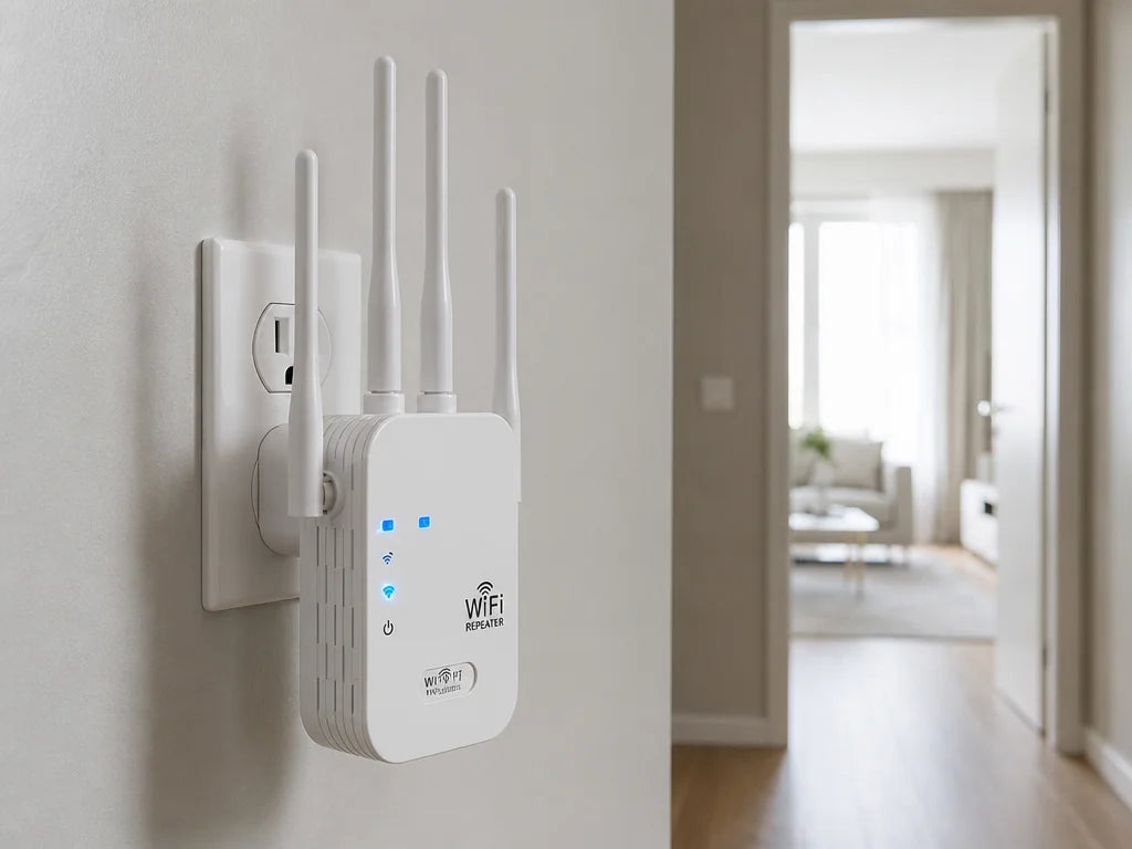 Documentary interior photograph, 4:3 landscape. The exact Dual Band Wi-Fi repeater is plugged into a